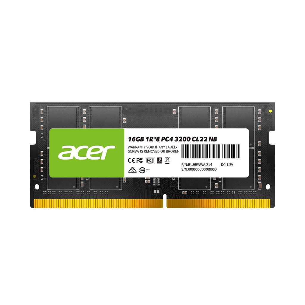 Memoria per notebook Acer 16 GB DDR4 DRAM SODIMM Distributore autorizzato prodotto PC4-25600 (DDR4-3200) Modello SD100-16GB-3200-1R8