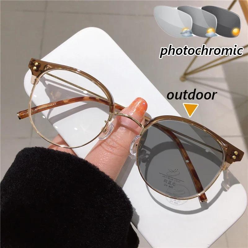 Luxury Round Myopia Glasses Men Women Clear Lens Prescription Color Changing Minus Eyeglasses Anti-Blue Ray Eyewear Diopter Quality