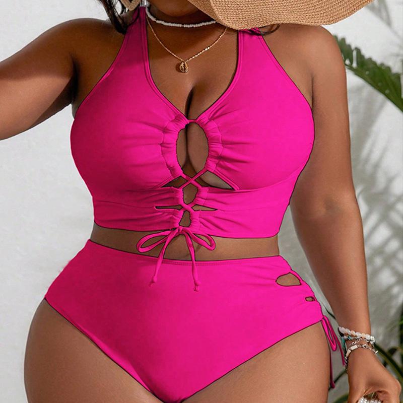 

2024 Plus Size Высокая талия Ажурный однотонный купальник бикини для женщин 4XL красный