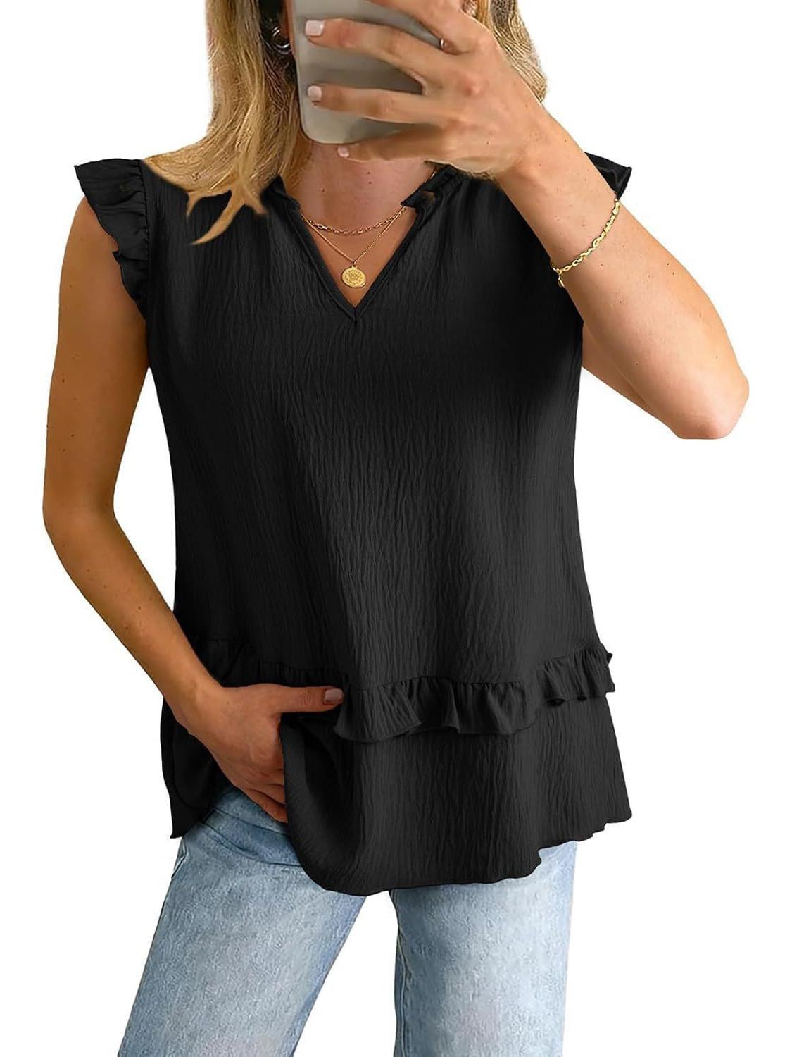 European and American Exclusive 2026 Spring/Summer V-neck Ruffle Patchwork Slimming Chiffon Sleeveless Women s Top Large чёрный