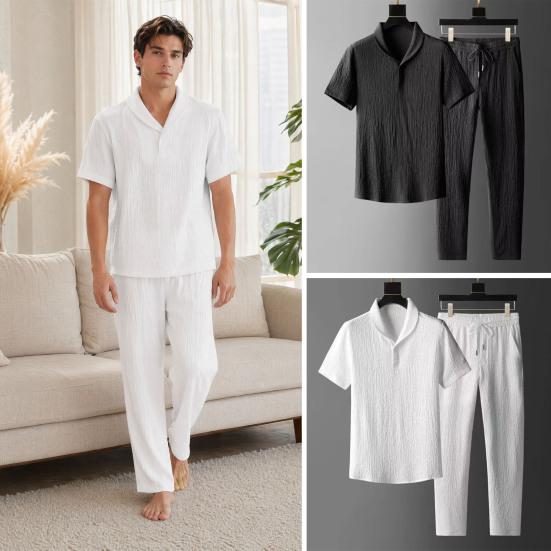 2 ks/Sada Ležérní Outfit pro Muže, Límcová Krátkorukává Košile a Elastický Pas Volné Dlouhé Kalhoty, Letní Ultra-Tenký Outfit z Ledového Hedvábí pro Domov a Denní Nošení
