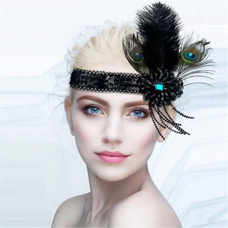 Stretchable Hairband With Glitter Fringe Natural Ostrich Peafowl Feather Comfortable Adjustable Headpiece For Event