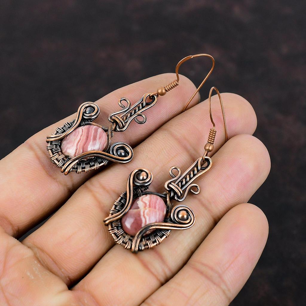 Rhodochrosite Earring Copper Wire Wrapped Earrings Gemstone Copper Jewelry Handmade Earring Unique Style Earring For Gift Wire Wrap Jewelry