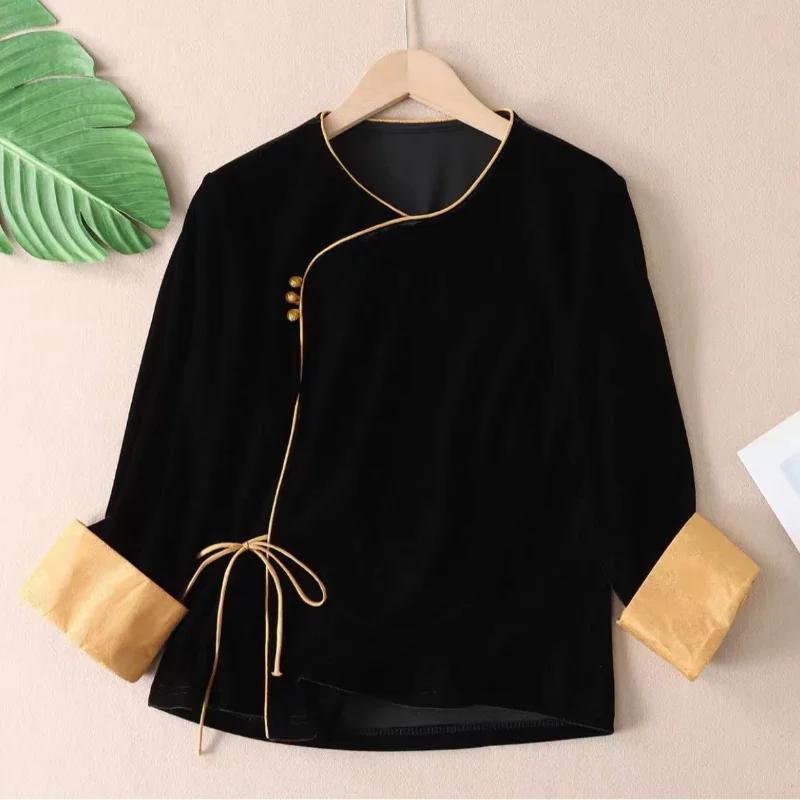 Solid Color Splicing Fashionable Long-sleeved Bottoming Shirt Short Round Neck Slanted Placket Slimming