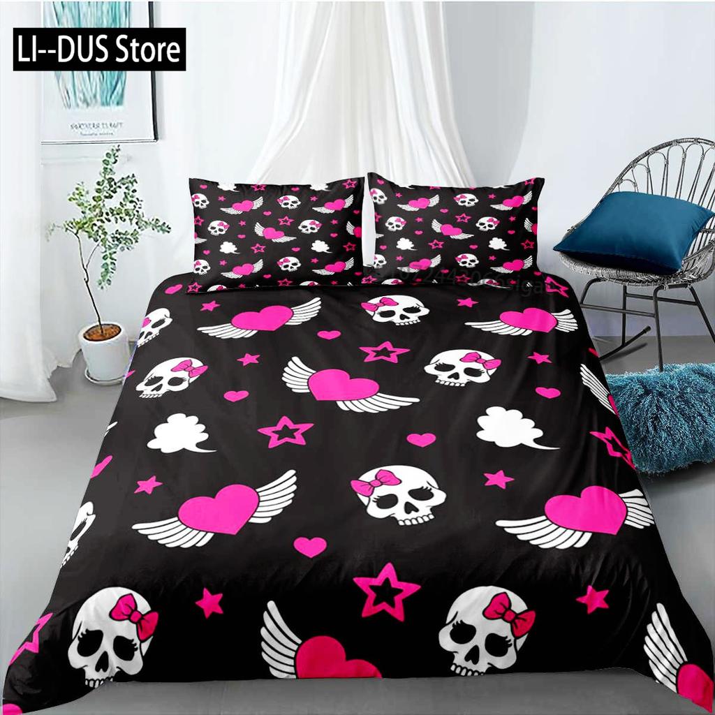 Skull Duvet Cover Set Gothic Death Moth Skull Love Heart Bedding Set For Boy Teen Microfiber Moth Skeleton King Size Quilt Cover