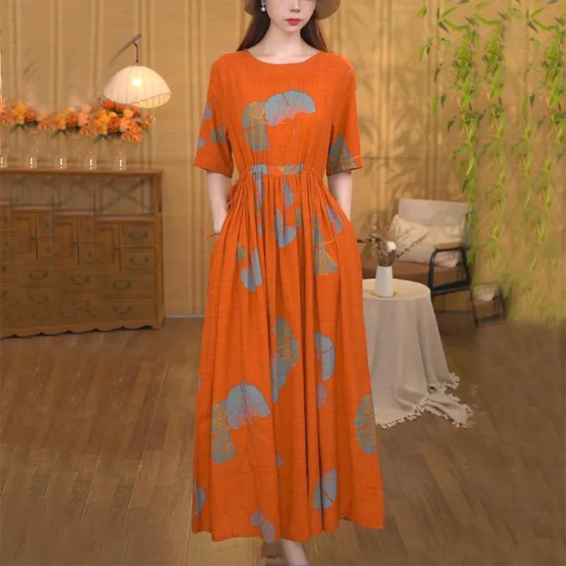 

Женское художественное длинное платье-макси с принтом листьев гинкго, оранжевое, с короткими рукавами, на кулиске, свободное, из смешанного льна M оранжевый