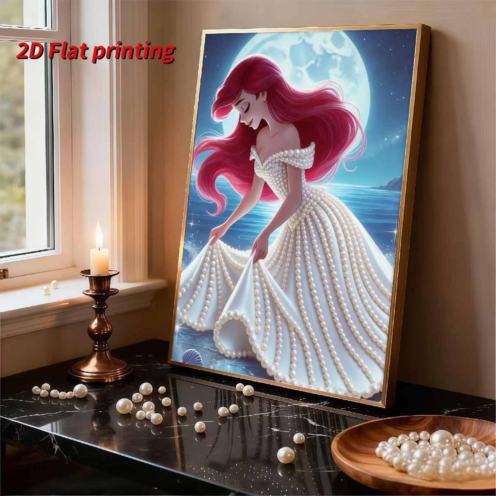 Disney ציור פנינים אריאל ליל ירח שמלת כלה אמנות יצירתית 5D נוף מרהיב מלא ברק יצירה קישוט קיר לבית DIY בעבודת יד מתנה