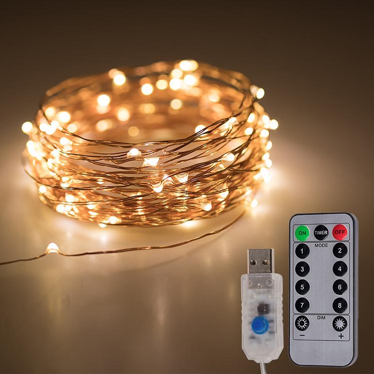 Outdoor USB Copper Wire String Lights with Remote Control - 8 Modes, Low Voltage Christmas Holiday Decoration