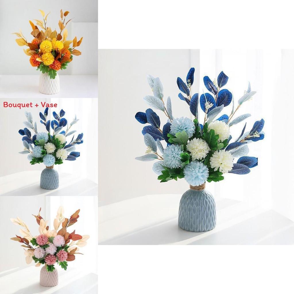 Silk Faux Hydrangea Flower Bouquet With Vase For Home Office And Interior Decoration
