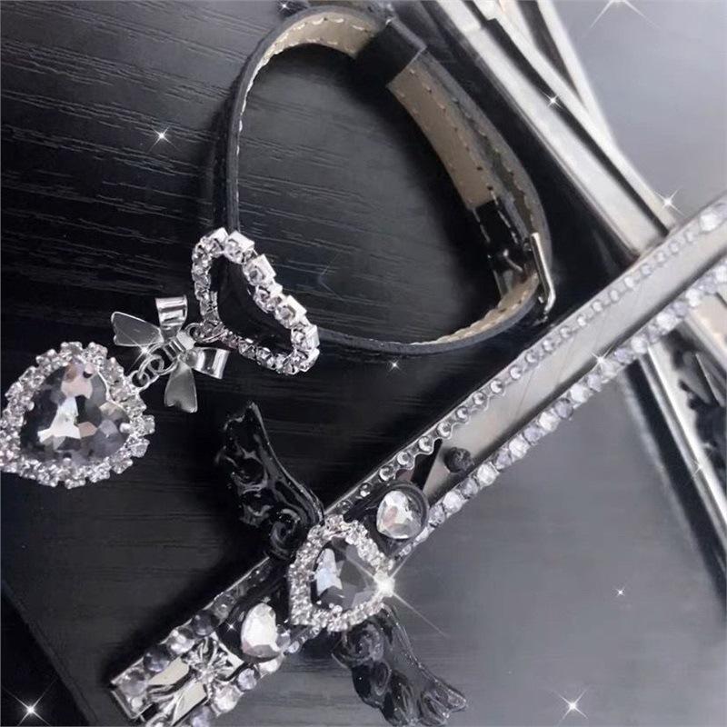 Original Y2k leather bow love rhinestone pendant bracelet subculture cute fashion high sense