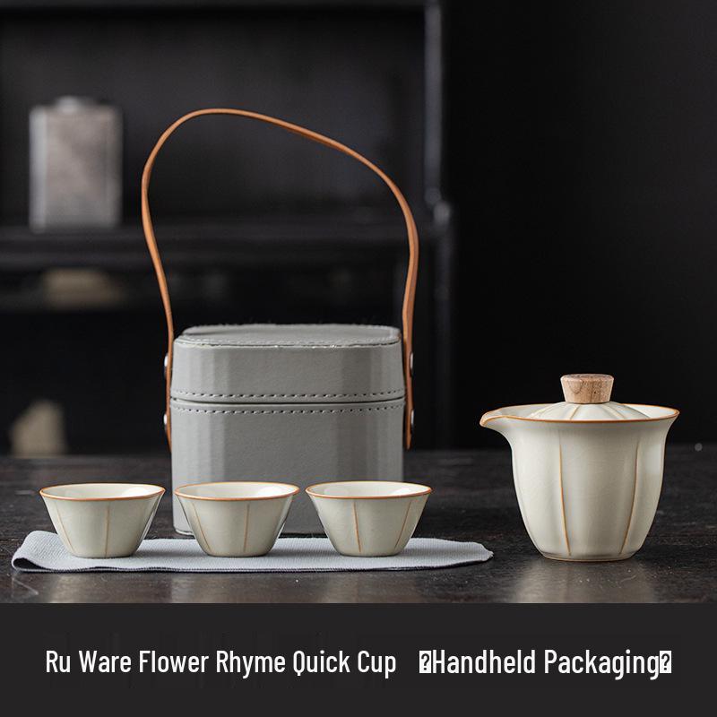 Ru Kiln Portable Tea Set with Three Cups - Ideal for Travel, Home, or Corporate Gifts