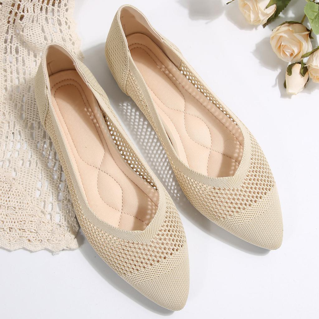 Foreign Trade New Large Size Fly-woven Hollow Flat-bottomed Four-season Single Shoes Women's Pointed Breathable Mesh Shallow Mouth Work Shoes