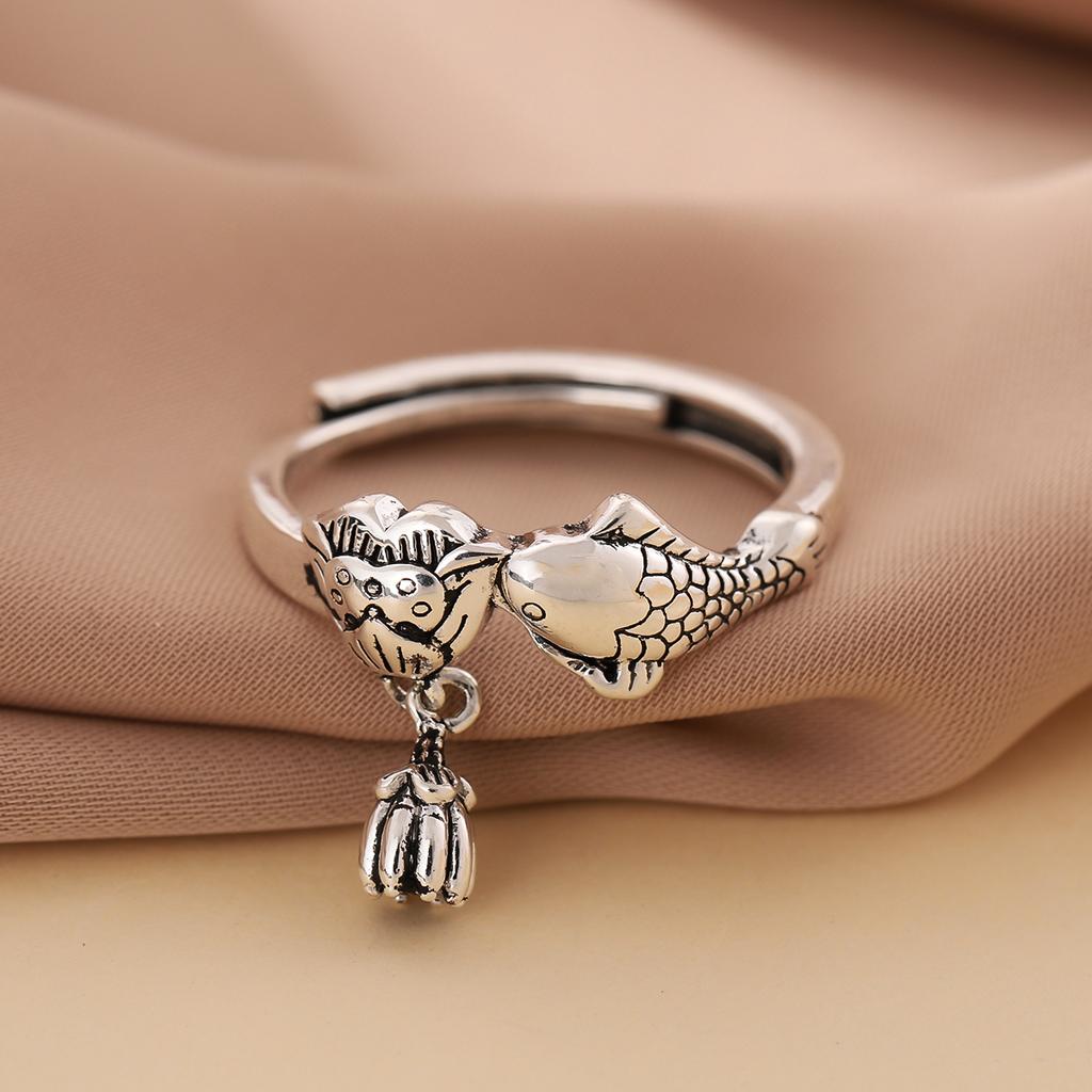New Personality Creative Carp Lotus 925 Sterling Silver Jewelry Flower Fish Temperament Animal Opening Rings R339