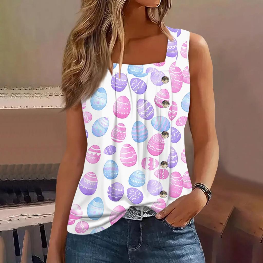 Moda damska Casual Podstawowy Plisowany Zwykły guzik Kwadratowy kołnierzyk Kamizelka bez rękawów Letnie podkoszulki z nadrukiem