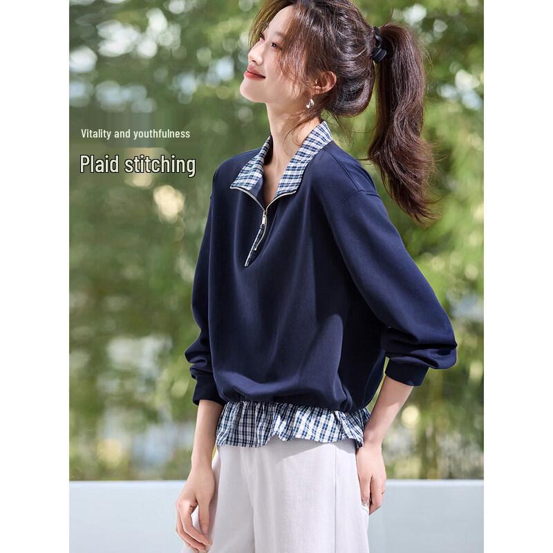 Women s Stand-Collar Half-Zip Plaid Patchwork Sweatshirt 2XL