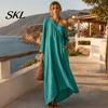 Polyester Dress Women Summer Maxi for Women, Casual Loose One Shoulder Long Sleeve Dress, Flowy Beach Vacation Sundress wwith Pockets Elegant