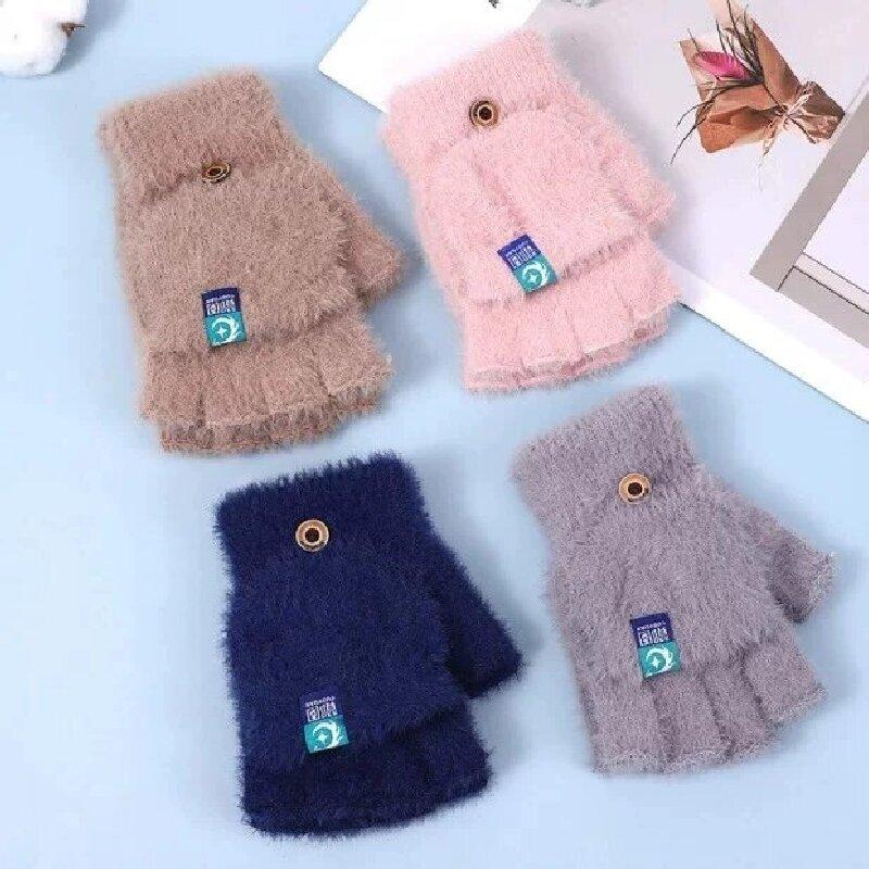 Plush Fingerless Gloves Female Winter Soft Warm Student Women Flip Gloves Outdoor Writing Gloves Thickened Cold Protection