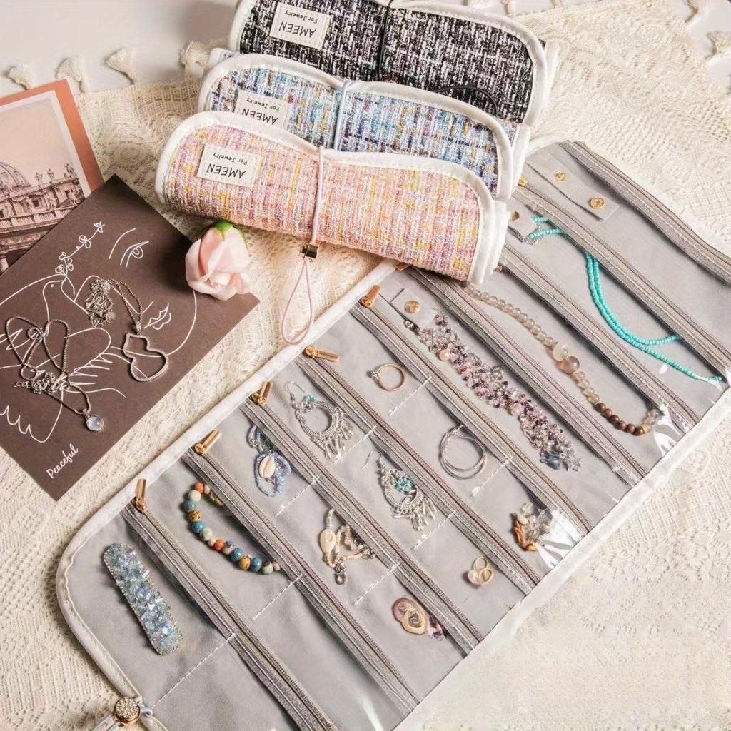 Faltbare Reise-Schmuckaufbewahrungsbox Mehrschichtig Reißverschluss Schmucketui Organizer Roll-Stil Faltbare Schmucktasche