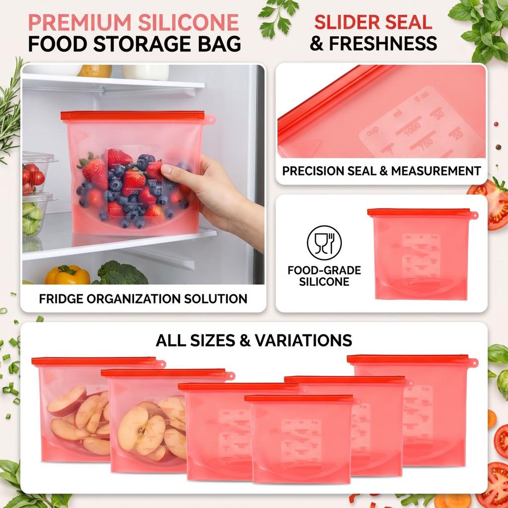 Reusable Silicone Food Storage Bags with Slider for Vegetables And, Medium Size Fridge Bags