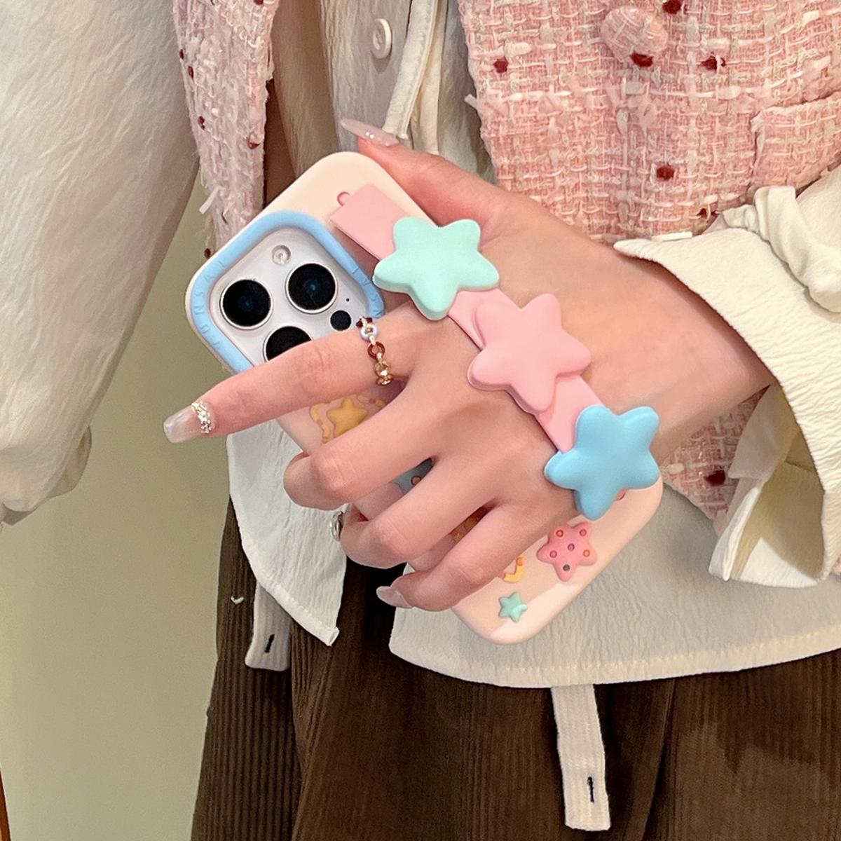 

For iPhone 16 Pro Max Silicone Case with Wristband Kickstand Cute Star Design Shockproof Phone Back Cover