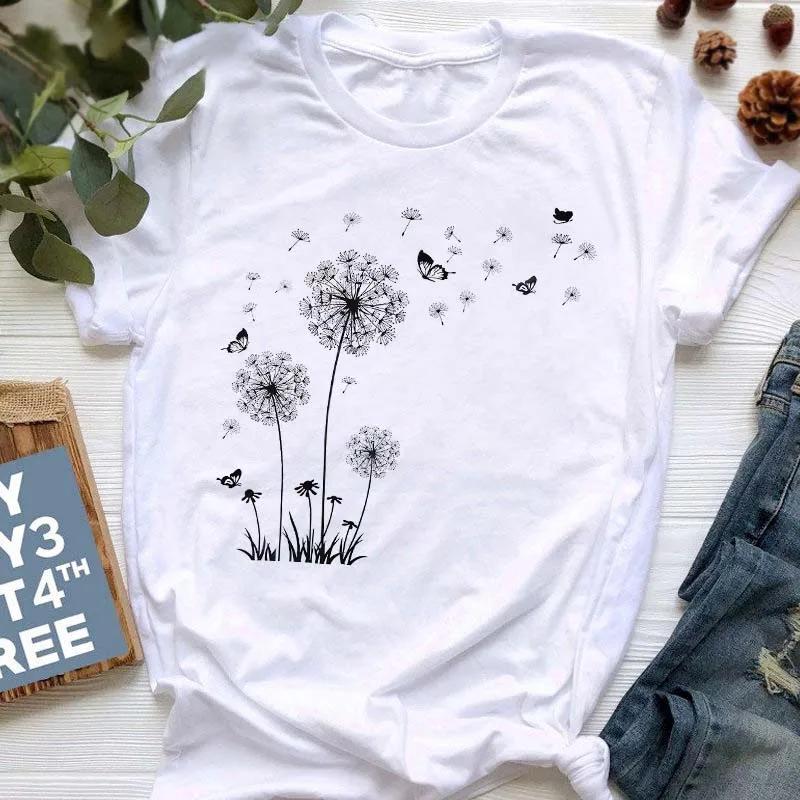 New Summer  Dandelion Butterfly Print Women Tshirt Casual White and Black T-shirt Funny T Shirt Gift for Lady Young Girl Tops