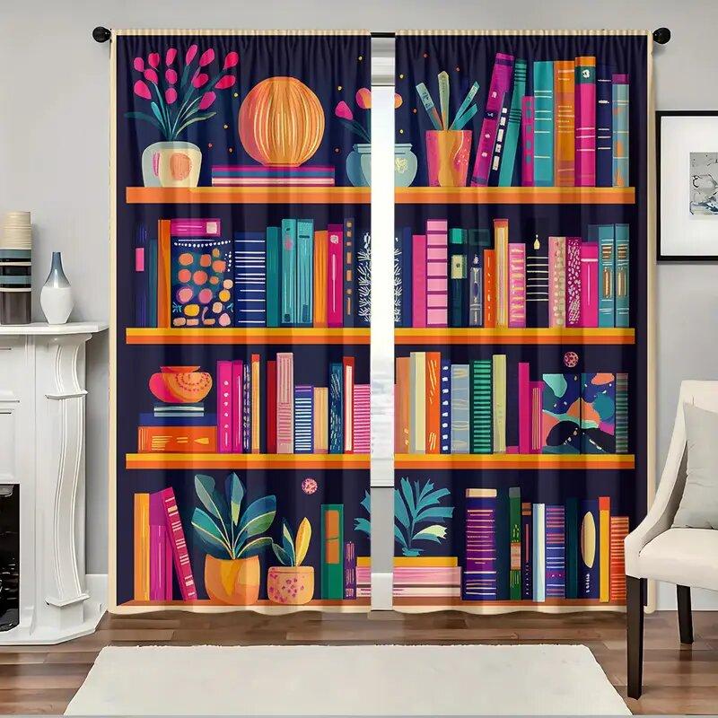 

Барвисті шторки з принтом книжкової полиці, Підходять для спалень та віталень, Домашній декор, Сімейний декор, Різдво 14Wx39L(35x100CM)x2&Rod Pocket