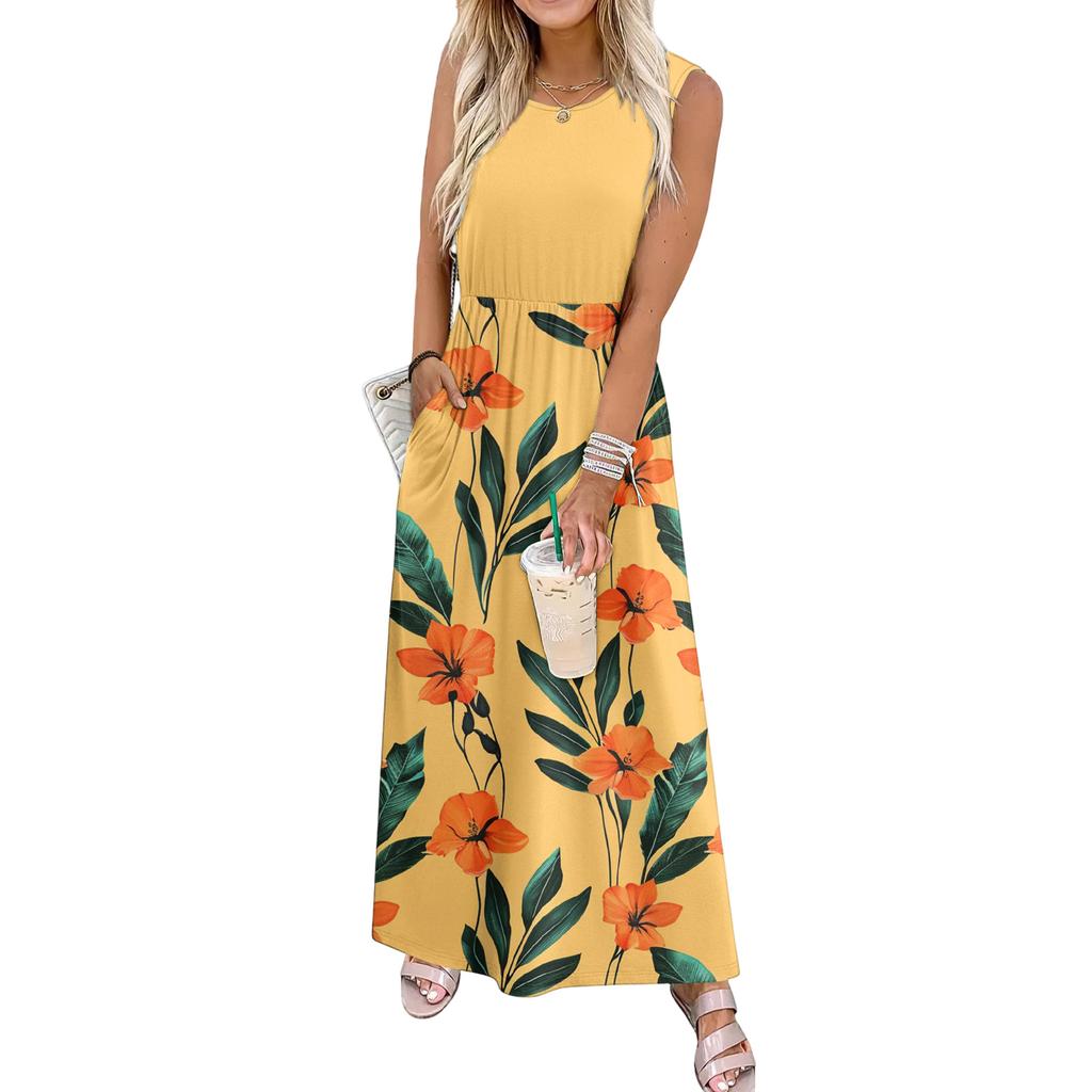 Ladies' Floral Print Casual And Fashionable Waist Cinched Sleeveless Dress