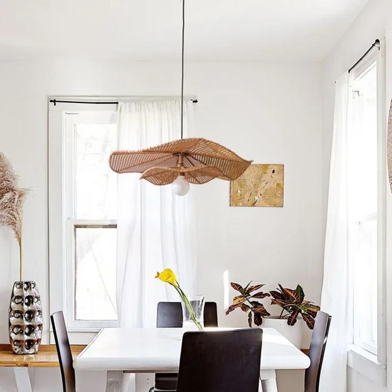 Lampa suspendată vintage cu pandantiv frunză de lotus, lămpi din ratan țesute manual de înaltă calitate pentru restaurant, sufragerie, bucătărie, corpuri de iluminat suspendate