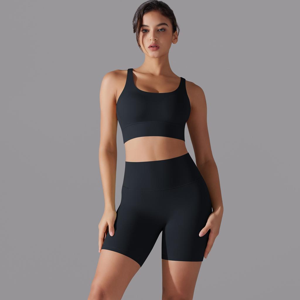 Nessaj Women Black Corss Bra Sport Set Beauty Back Bra Short Pants Gym Yoga Sportswear 2 Piece Workout Sets