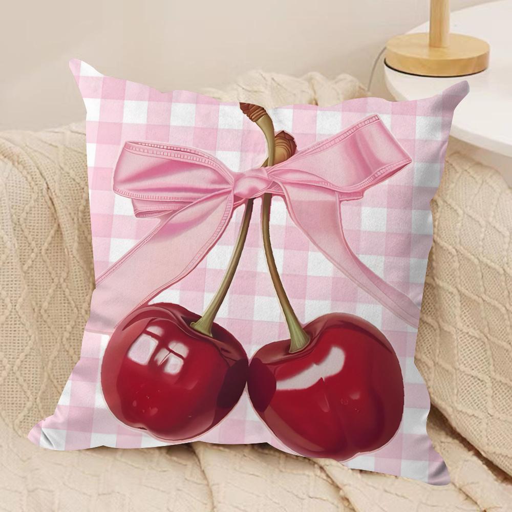Pink Bow Cherry Cushion Cover Soft Plush Fabric Double-Sided Printed Sofa Cushion Cover for All Seasons Home Decor Gift