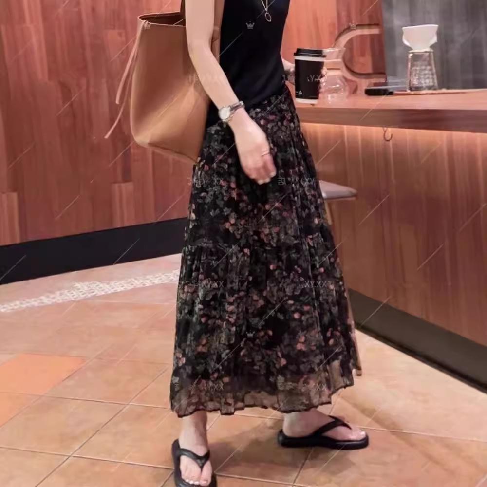 French Pleated Floral Midi Skirt - Women's Slimming High Waist A-Line