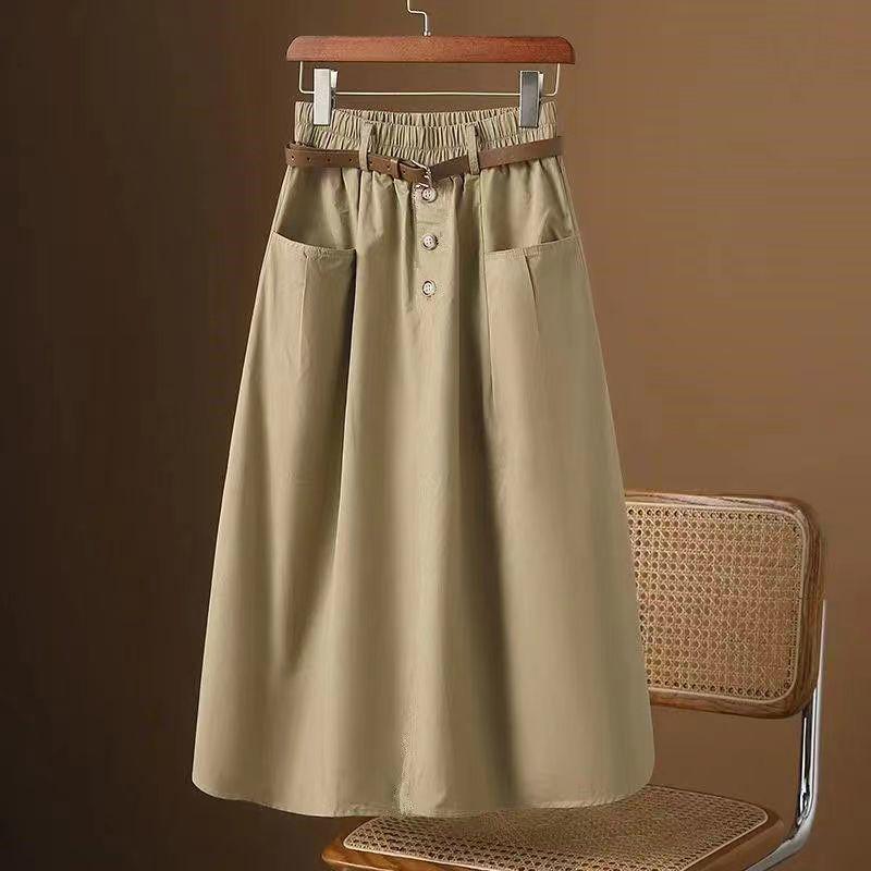 2024 Women's Elastic High Waist A-line Midi Skirt - Versatile Three-Button Casual Fashion