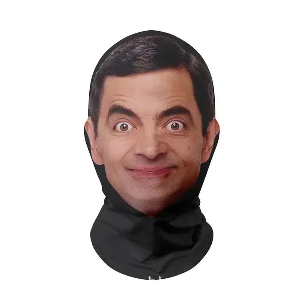 3D Mr. Bean Mask Funny Face Printed Head Scarf Famous Person Ice Silk Sunscreen Head Mask Halloween Cosplay