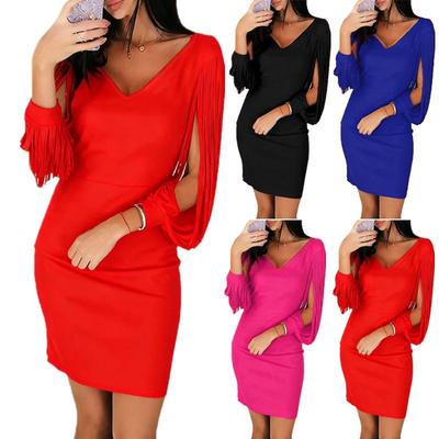 Elegant V-Neck Tassel Long Sleeve Bodycon Mini Dress