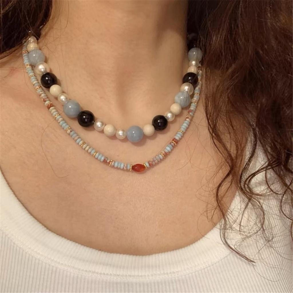 Tooxika Summer Ocean Niche Luxury Natural Blue Natural Stone Pearl Beaded Necklace Sweet Cool Collarbone Chain