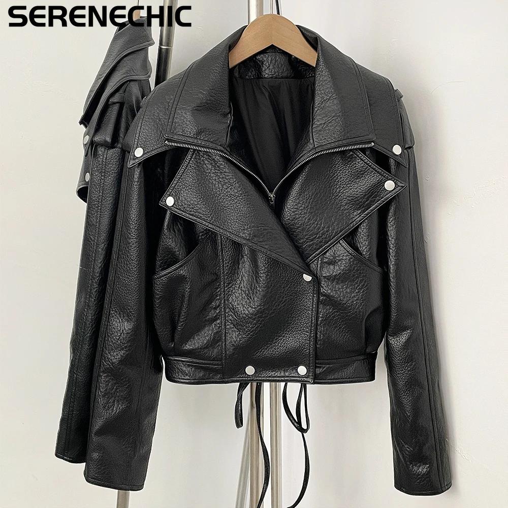 Women's Black Faux Leather Cropped Moto Jacket Asymmetric Zip Pu Biker Coat Female New Autumn Trendy New Vintage Punk Outerwear