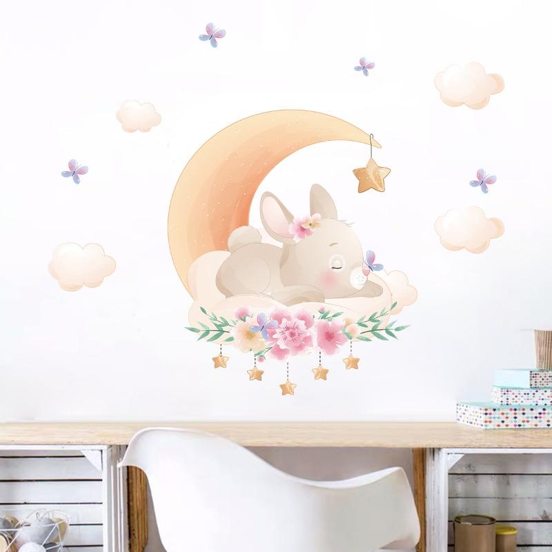 Cartoon Cute Animals Moon Cat Rabbit Wall Stickers for Kids Room Background Bedroom Decoration Girls Home Decor Living Room