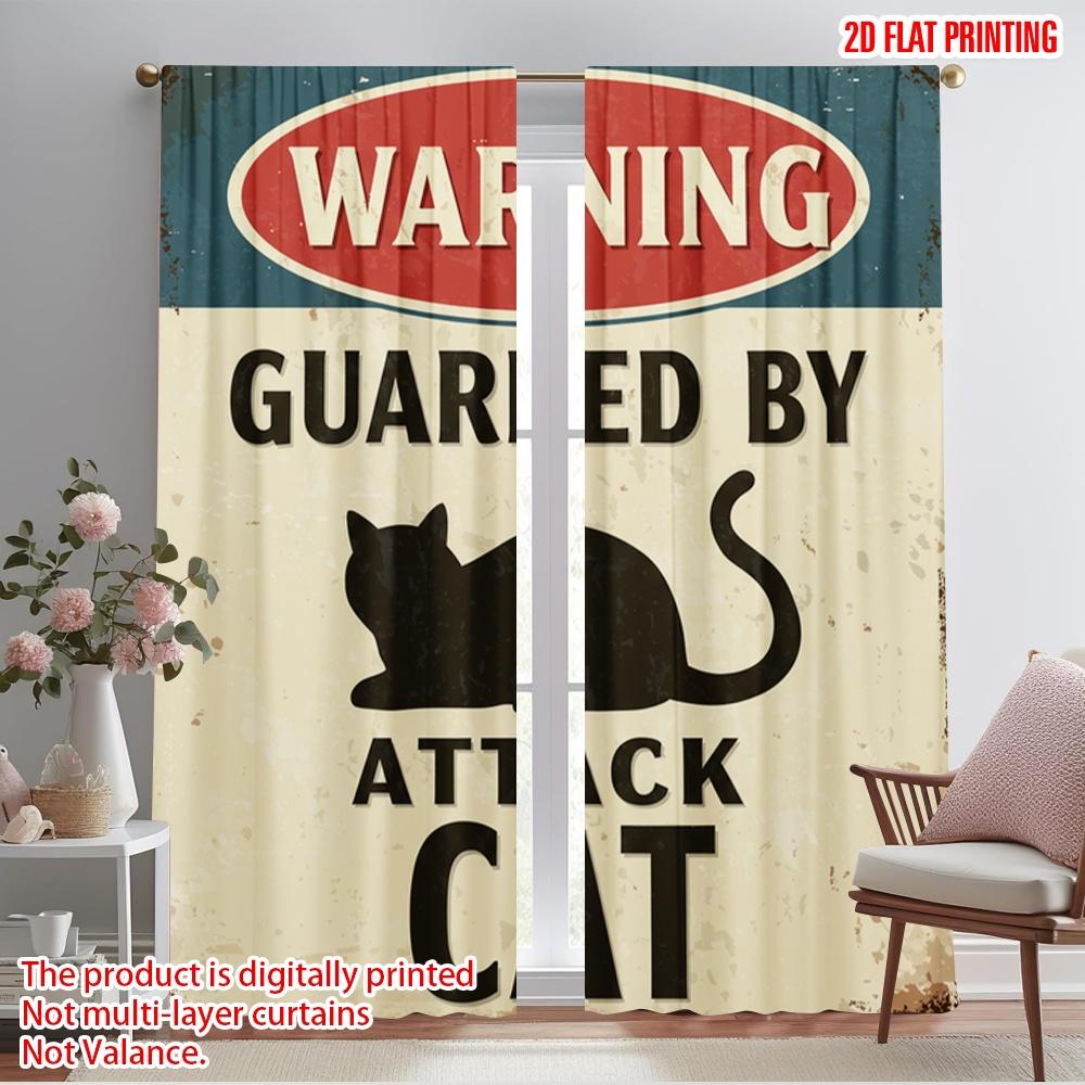 

2pcs 2D flat printing Window Treatment Curtains Warning Property Guarded Attack Cat Fabric Without Electricity Family Party 52.50×116.00 CM 2pcs