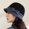 Wool Bucket Hat Women's Autumn and Winter Retro Bow Top Hat Winter Warm Foldable Tweed Bucket Hat - Face- Fisherman