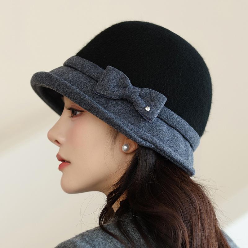 Wool Bucket Hat Women's Autumn and Winter Retro Bow Top Hat Winter Warm Foldable Tweed Bucket Hat - Face- Fisherman