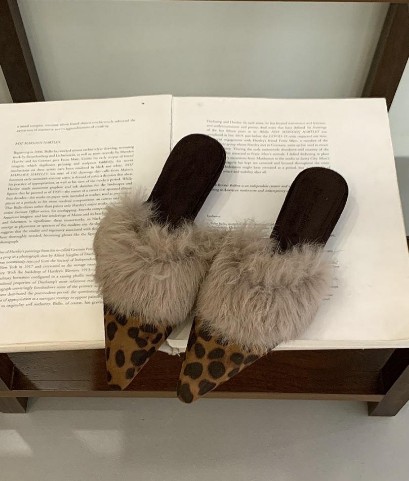 2025 Autumn and Winter New Pointed Head Thin Heel European and American Fashion Bag Head High Heel Fluffy Slippers High Sense Plush Shoes Women