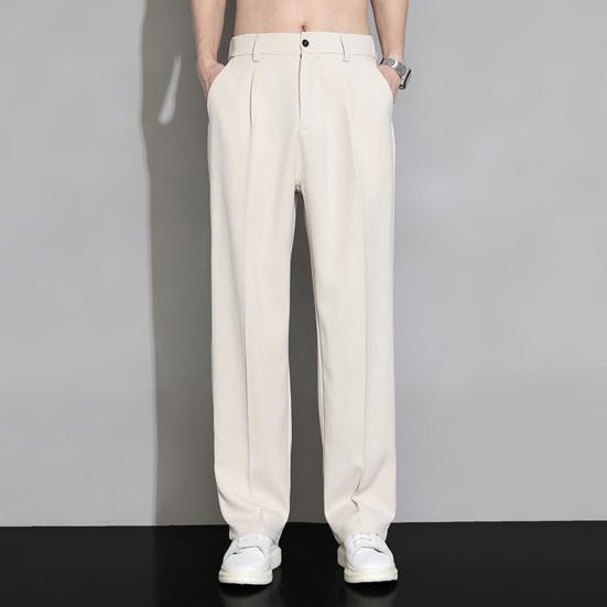 Männer Eis Seide Casual Lange Hosen Elastische Taille Knöpfe Fliegen Taschen Gerade Breites Bein Drapierte Dünne Business-Hose