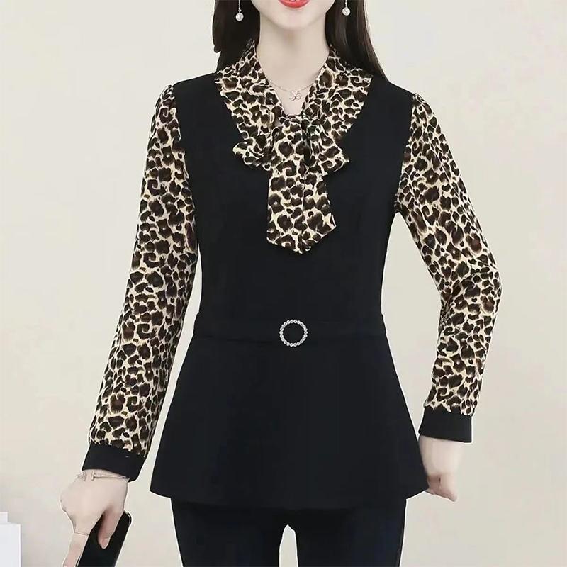 Autumn Women's Fack Two Piece Print Pactchwork Bow Shirt Female Elegant Fashion Long Sleeve Blouse Office Lady Blusa Top