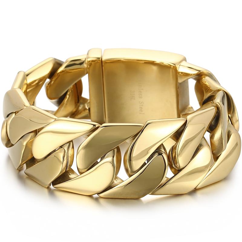 Lyxigt guld färgat armband i rostfritt stål för män 24 mm brett pansarlänk herrarmband klassiska smycken för handleden armband