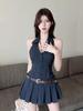 Pure Desire Sexy Backless Halter Denim Dress: Slim Fit French Pleated Summer Skirt for Women