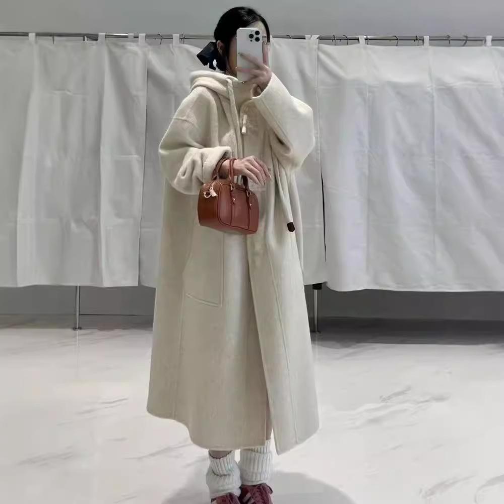 Korean Style Hooded Long Style Double-sided Cashmere Coat for Women Horn Button Thickened Woolen Coat