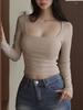 Kaindami Side Bust Volume Square Neck Long Sleeve Top With Built-In Cup