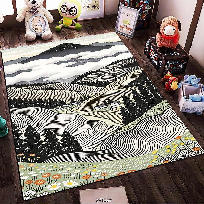 Modern Carpet with Pastoral Landscape, Rolling Hills, and Wildflowers Suitable for use as an anti-slip for living room bedroom sofas