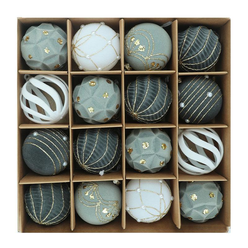6cm Flocked Painted Christmas Tree Ornaments, Set of 16 - Festive Ball Pendants серый