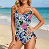 Swimsuit for Women Tropical Floral Print Bathing Suit with Adjustable Side Drawstring Scoop Neck Swimwear